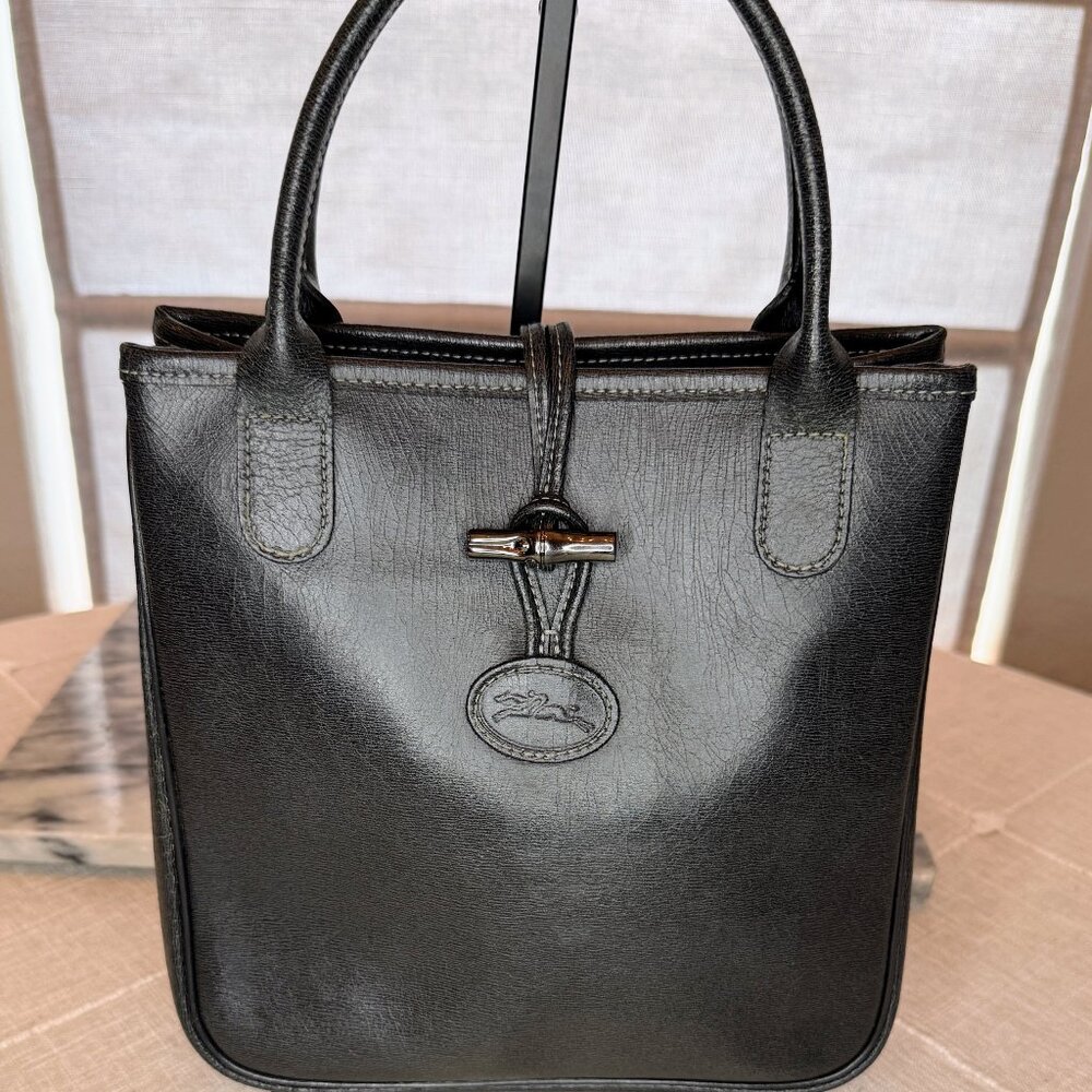 Longchamp Tote Bag - Black Leather Classic Design Double Handles Toggle